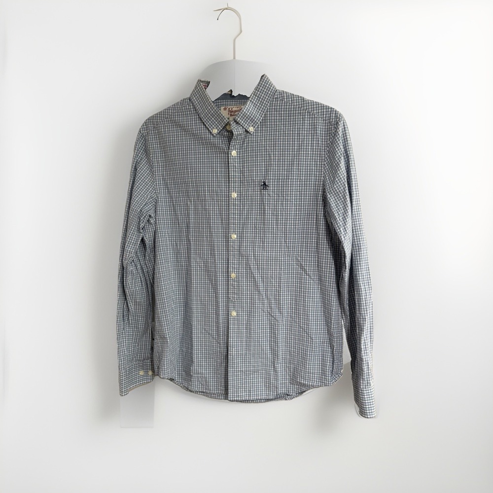Original Penguin Men's Large Heritage Slim Fit Blue Gingham Button Shirt F176
